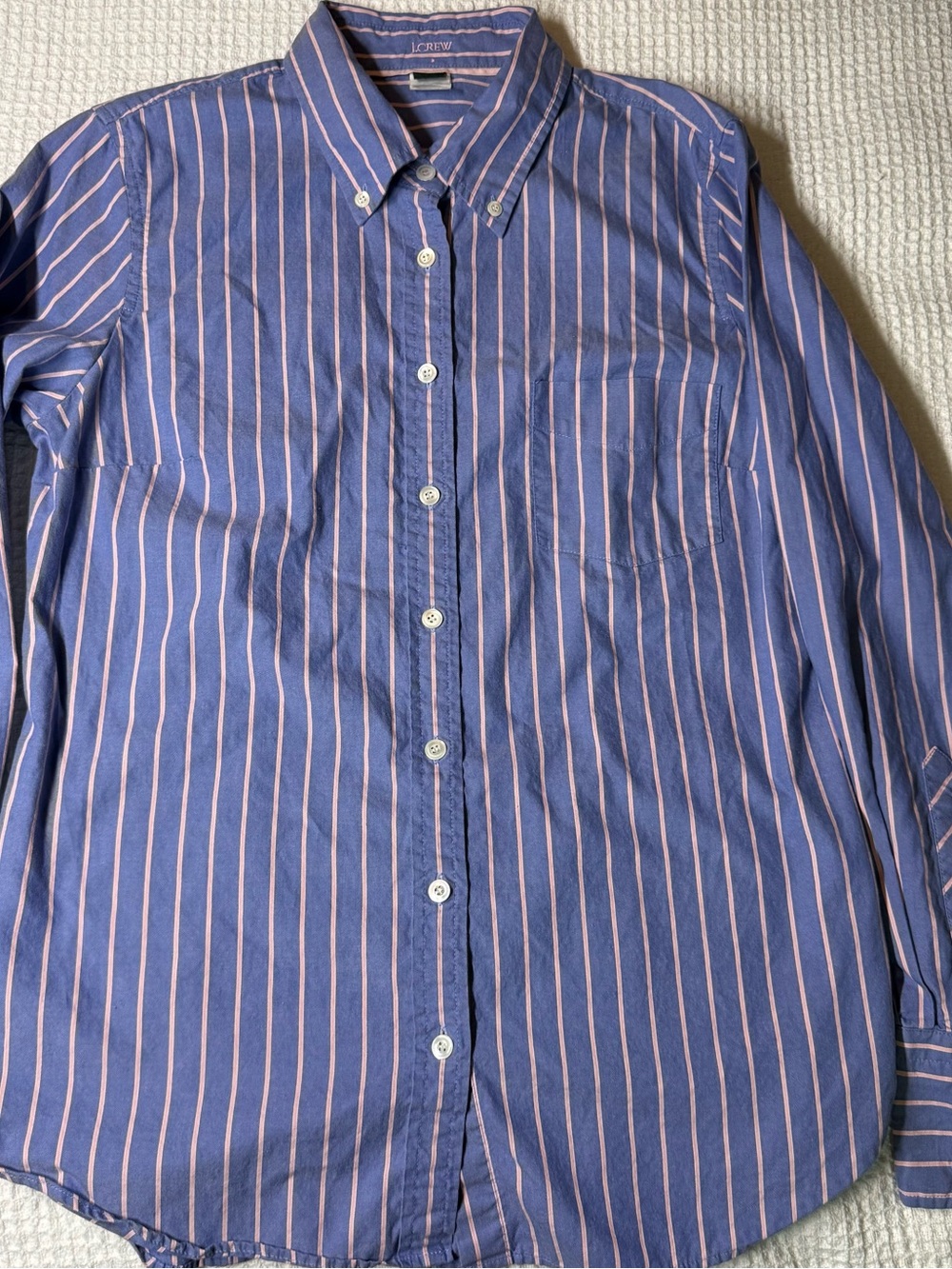 J. Crew Men's Navy Blue Shirt with Pink Stripes